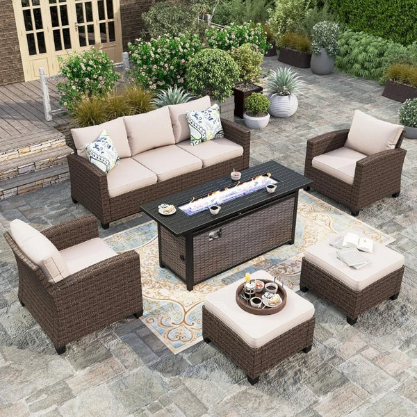 Patio Furniture Set, 2 X Single Chairs, 2 X Ottoman, 3-seater Sofa with 56" Fire Pit Table, 6 Outdoor Wicker Conversation Sets