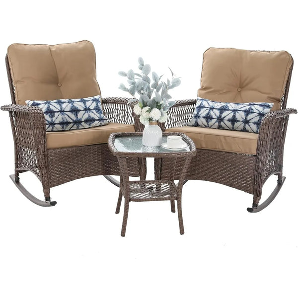 Patio Furniture Set 3 Pieces, Wicker Rocking Bistro Set with Thick Cushions, Outdoor Rocker Chairs and Coffee Table - New Port Outdoor Club Chair